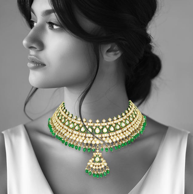 Polki Choker with Green Meenakari and Emerald Maniya